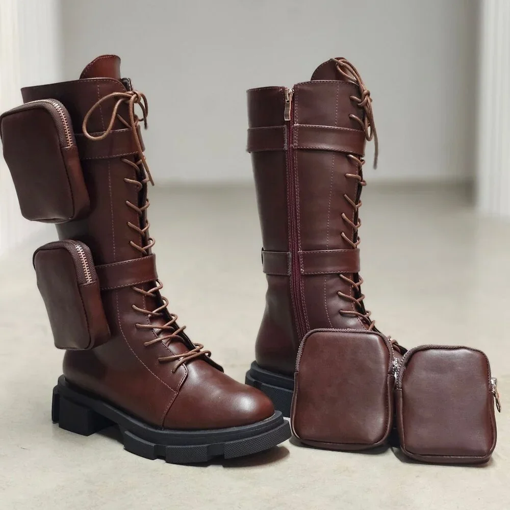 Lace-Up Wine Combat Boots With Detachable Utility Pouches & Side Zippers For Wom - Picture 4 of 12
